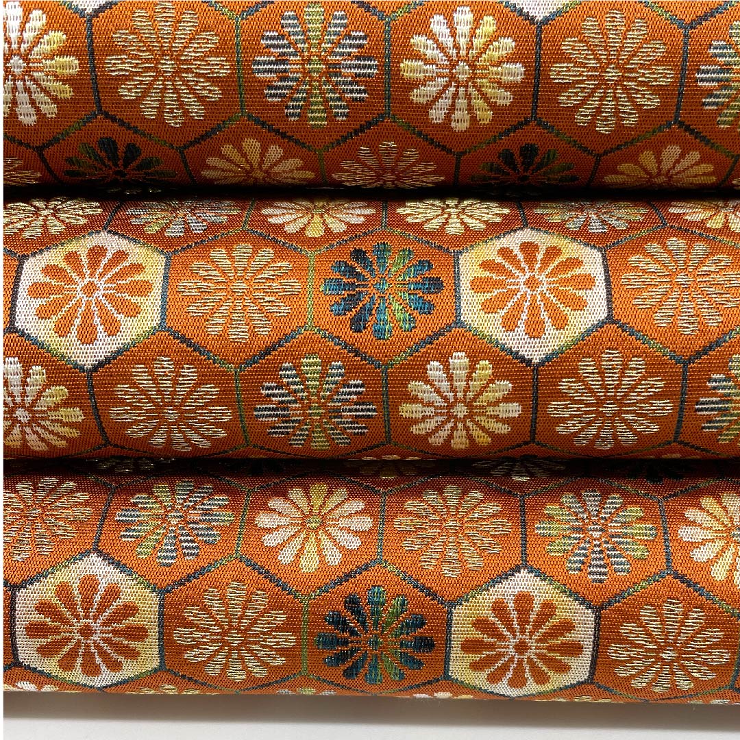 (未仕立)袋帯 赭色(そおいろ) 亀甲 菊 帯丈464cm 正絹 Aランク 全通 セミフォーマル 茶系 1123006573414