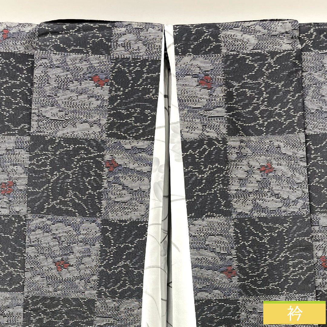 道中着 正絹 身丈88.5cm 裄丈68.5cm 大島紬 緯総絣 草花模様 しつけ糸付き Sランク 袷 黒系 1117001152910