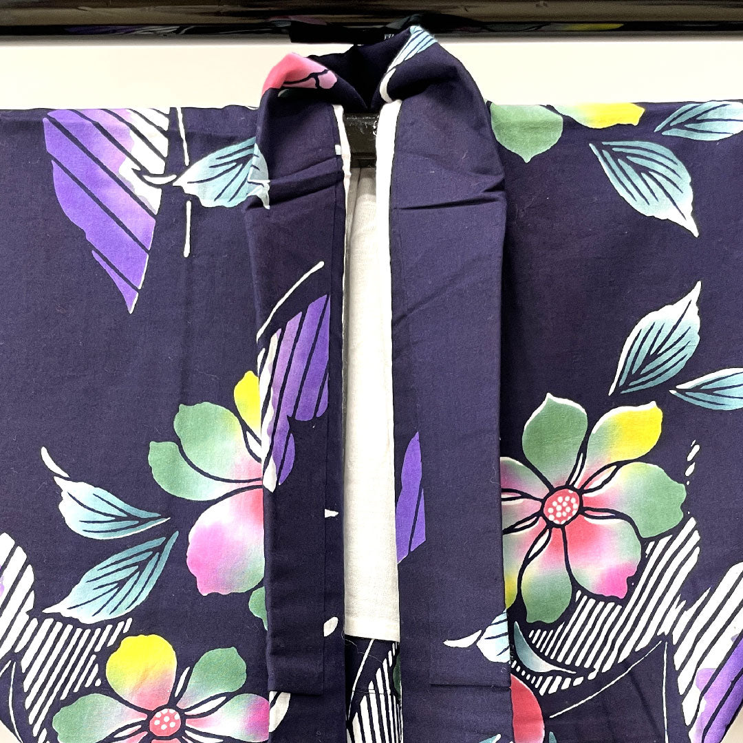 Yukata, dark blue, floral pattern, cotton, S rank, single layer, length 161.5cm, sleeve length 64cm, navy blue, 1118001982418