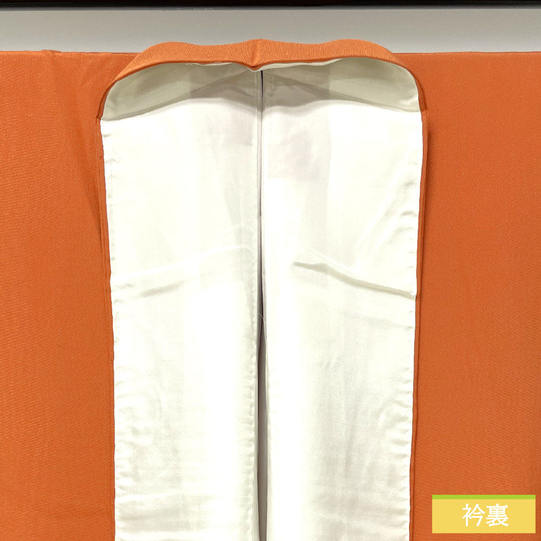 彩色留袖、纯丝、长度 159.5 厘米、袖长 63 厘米、衬里、赤橙色、京友禅、历史人物和风景、一个徽章、刀剑和片刃、S 级、橙色、1111001422326