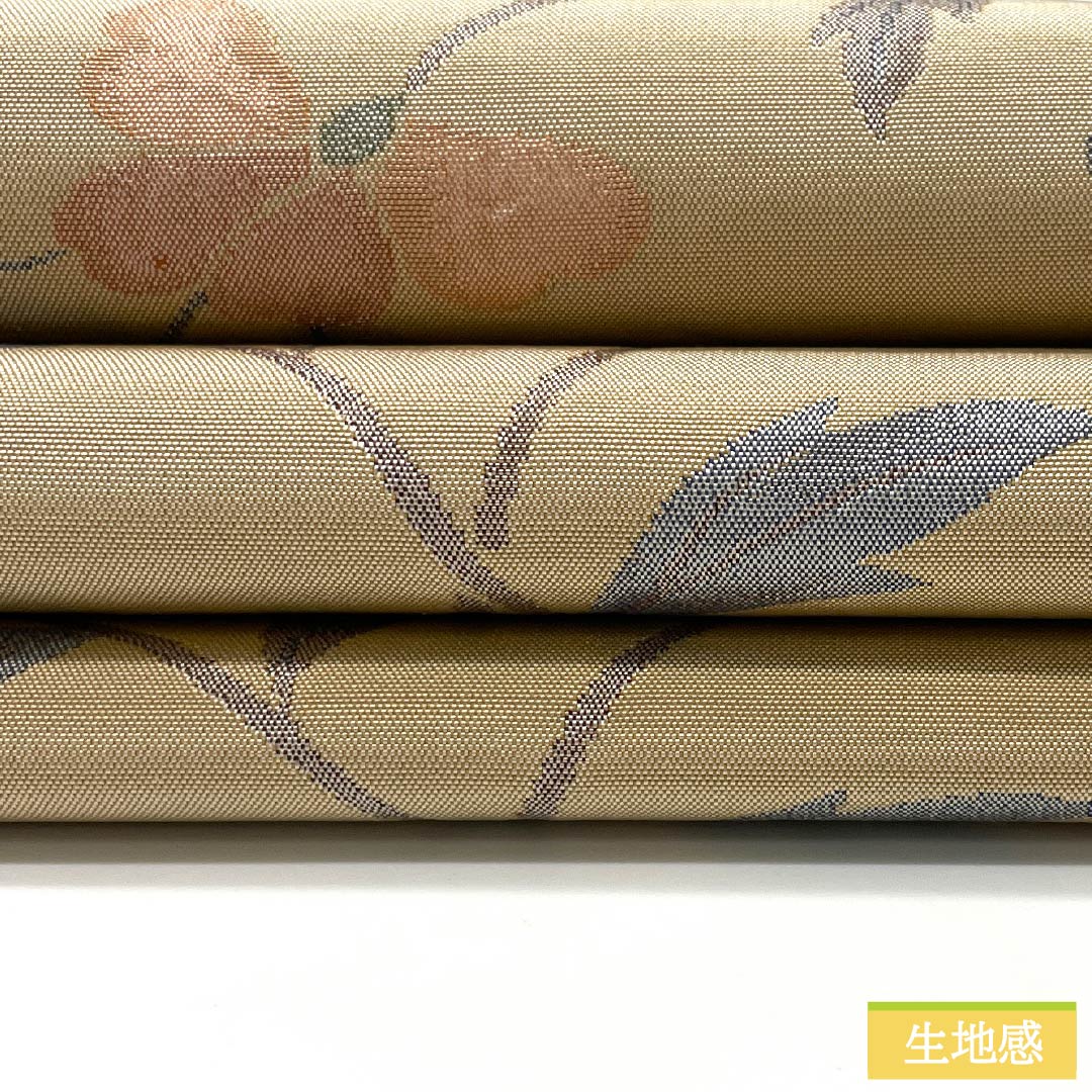 袋帯 正絹 東京白茶色(とうきょうしらちゃいろ) 花唐草 抽象花 花唐草 帯丈440cm Aランク 六通 カジュアル ベージュ系 1123012773325