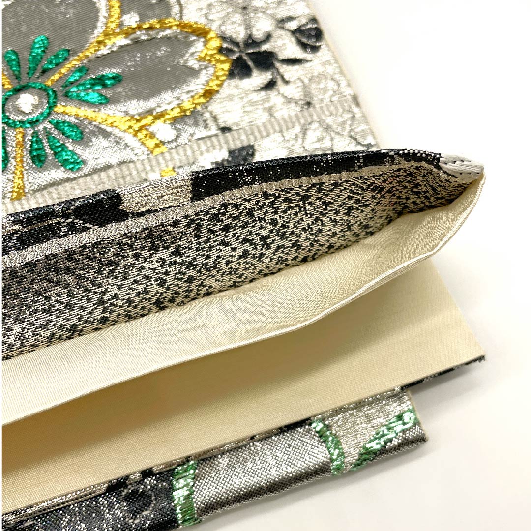 袋帯 シルバー色 桜 流水 振袖用 帯丈430cm 正絹 Sランク 六通 フォーマル 銀系 1123003032322