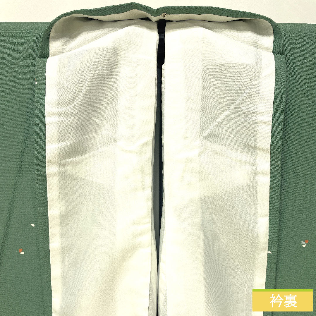 小紋 ポリエステル 身丈166.5cm 裄丈67cm 袷 千種色(ちぐさいろ) 洗える着物 雪輪 花びら散らし しつけ糸付き Sランク 緑系 1115004832519