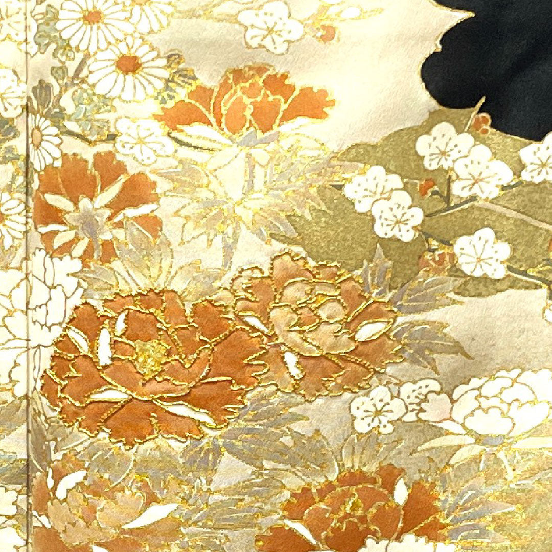 黒留袖 身丈166cm 裄丈66.5cm 袷 京友禅 草花模様 片喰 正絹 Aランク 五つ紋 黒系 1111000743510