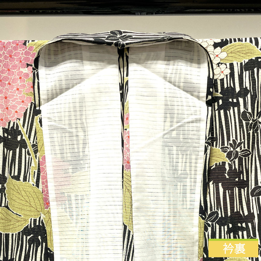 Summer kimono, polyester, small pattern, length 169.5cm, sleeve length 70cm, hydrangea, washable kimono, basting thread included, unused, silk, S rank, black, 1132001852510