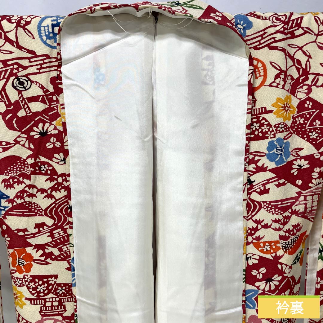 小紋 正絹 Sランク 身丈159.5cm 裄丈66cm 袷 東京白茶色(とうきょうしらちゃいろ) 京紅型 京都風景図 クリーム系 1115006852315