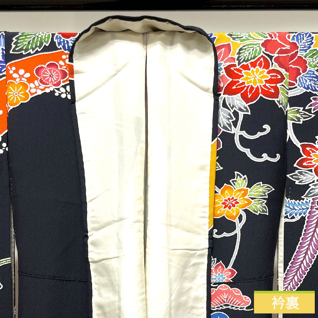 振袖 正絹 身丈157cm 裄丈63cm 袷 京紅型 草花模様 Sランク 黒系 1113001862310