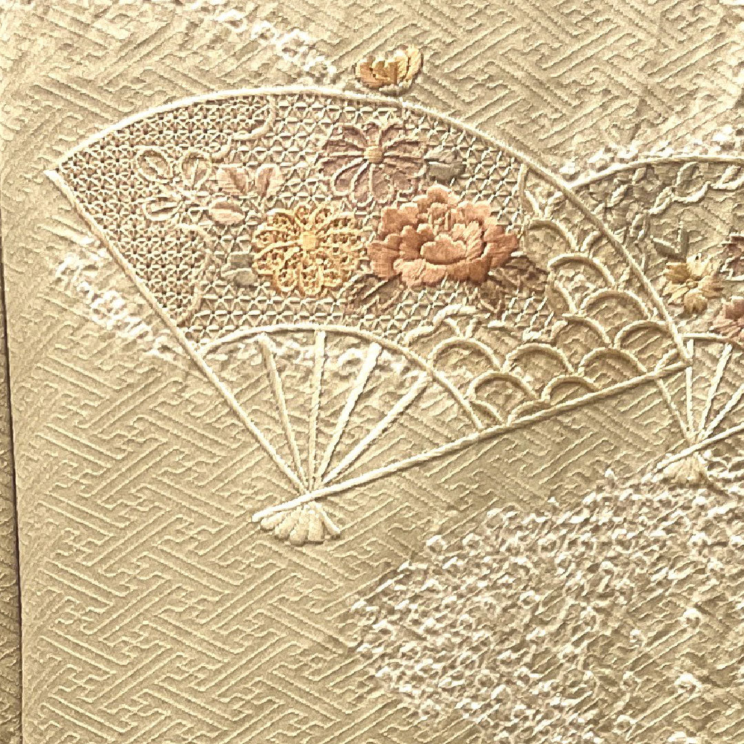 訪問着 袷 身丈153.5cm 裄丈62.5cm 白橡色 刺繡 絞り 扇 正絹 Bランク クリーム系 1112002194215