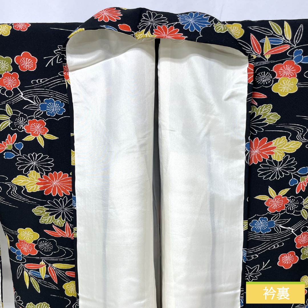 小紋 正絹 Sランク 身丈158.5cm 裄丈65.5cm 袷 型染 松竹梅 菊 黒系 1115006872310
