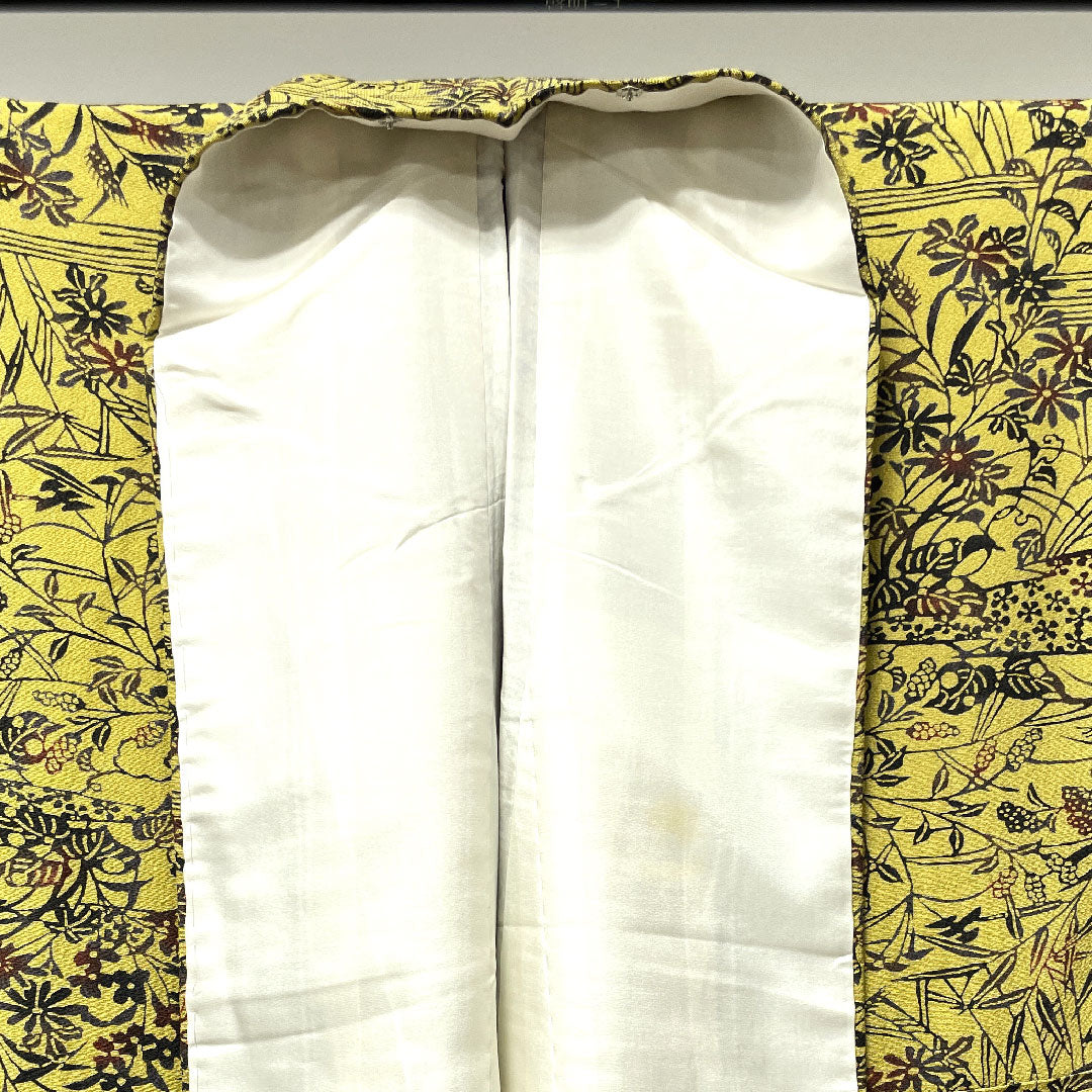 訪問着 正絹 袷 身丈161cm 裄丈64cm 白橡色 型染 草花模様 Bランク 黄系 1112002934423