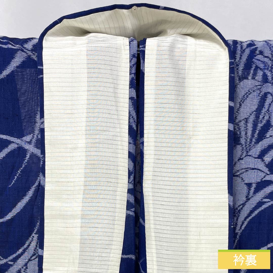 Summer pure silk tsumugi kimono, length 151cm, sleeve length 62.5cm, navy blue with iris and gauze, A-rank, blue, 1132002813217