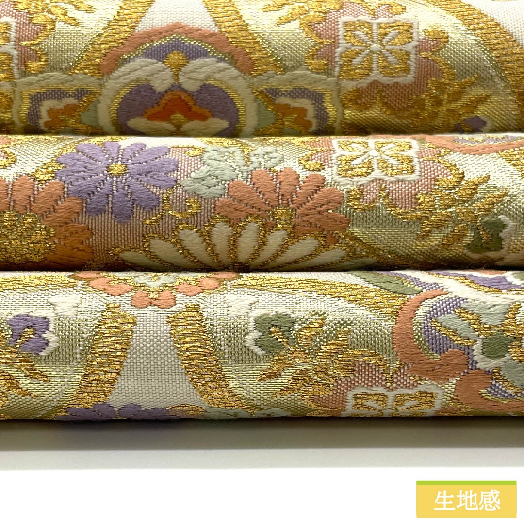 Fukuro Obi, pure silk, powder color, for Tomesode and Furisode, Shippo pattern, flower pattern, obi length 436cm, A rank, six-way, formal, cream color, 1123013703315