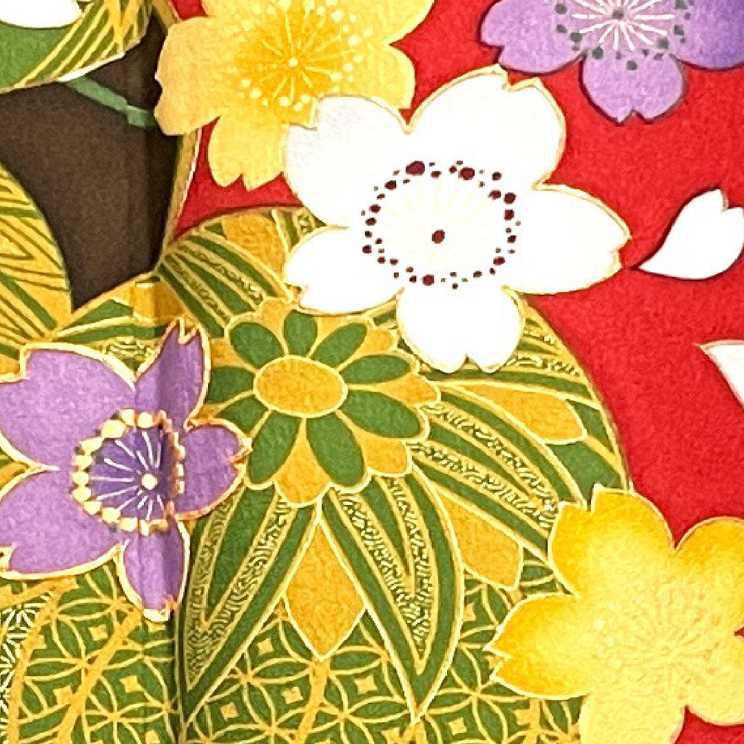 Long-sleeved kimono, length 159.5cm, sleeve length 65.5cm, lined, crimson, red ink, ball, cherry blossom, pure silk, S rank, gradation, 1113001232399