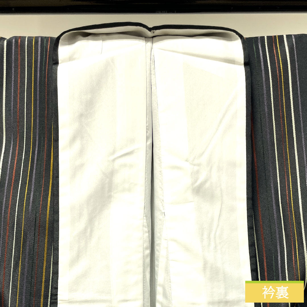 小紋 ポリエステル 身丈164.5cm 裄丈65cm 袷 洗える着物 縞模様 Sランク 黒系 1115003952410