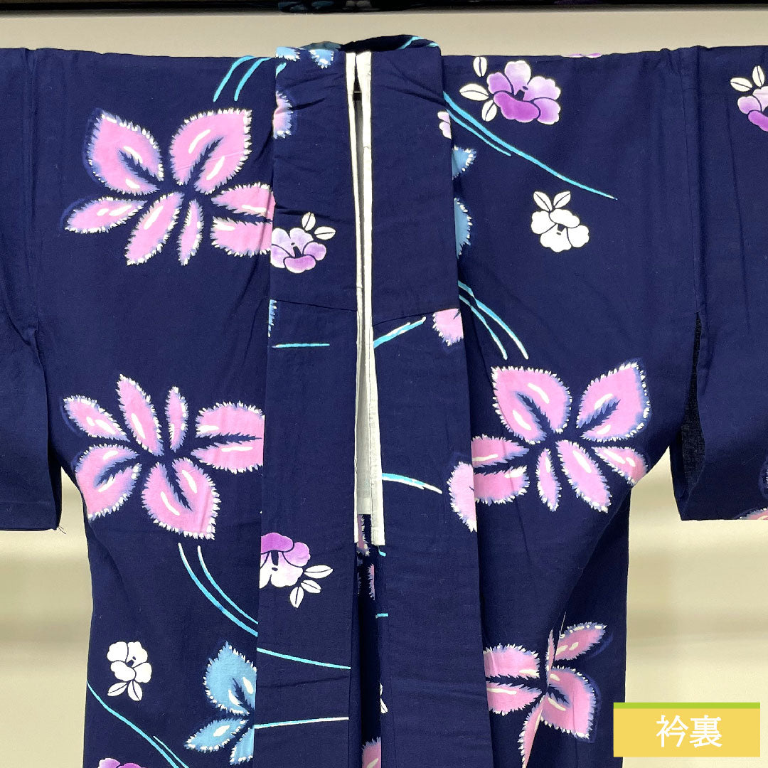浴衣 木綿 身丈156cm 裄丈64.5cm Sランク 単衣 紺系 濃紺色(のうこんいろ) 菖蒲 椿 1118005182318