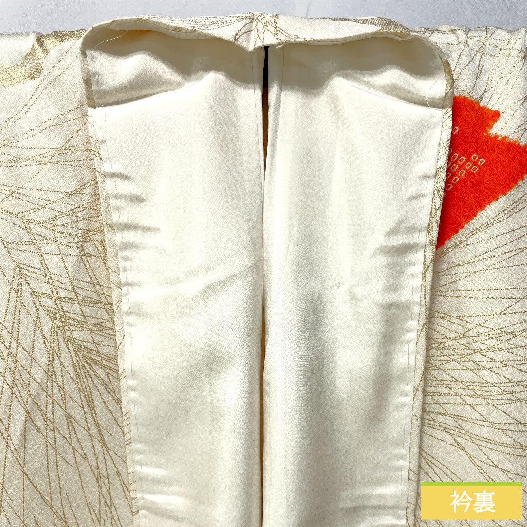 Homongi, pure silk, lined, length 164cm, sleeve length 65cm, white lily color, Kyoto Yuzen, pine, S rank, cream color, 1112004952415