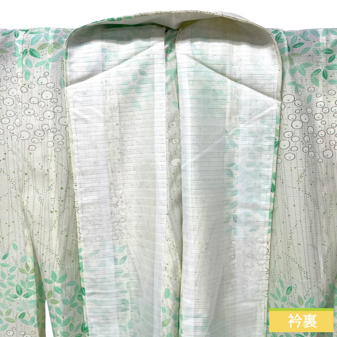 夏物 ポリエステル 小紋 Sランク 身丈161.5cm 裄丈64.5cm 乳白色(にゅうはくしょく) 型染 葉模様 横段 絽 白系 1132004952411