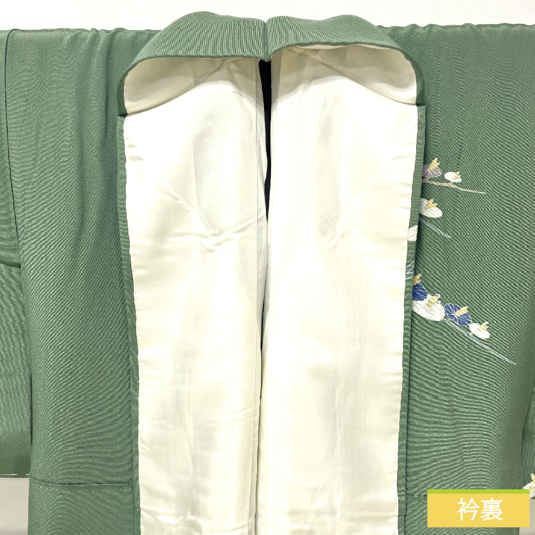 訪問着 正絹 袷 身丈146.5cm 裄丈60cm 琅玕色(ろうかんいろ) 京友禅 抽象模様 しつけ糸付き 未使用品 Sランク 緑系 1112005102119