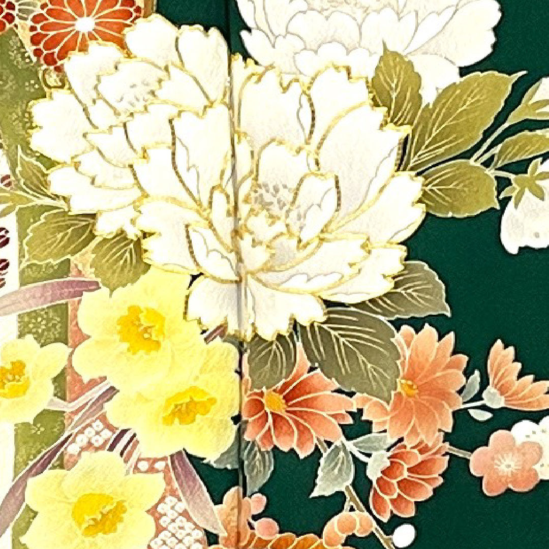 振袖 身丈165cm 裄丈65cm 袷 御所車に枝花模様 正絹 Sランク 緑系 1113000502519