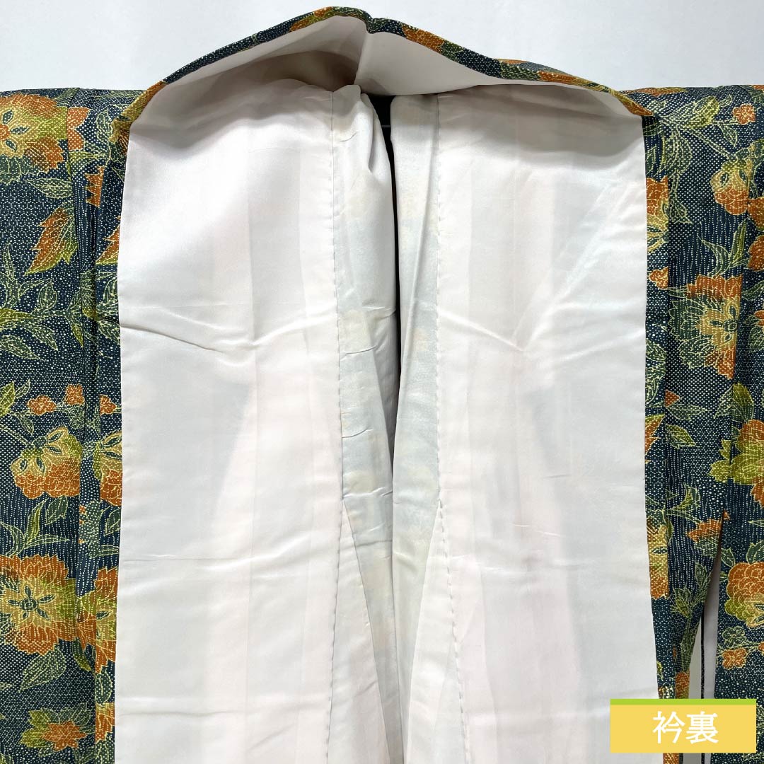 小紋 ポリエステル Sランク 身丈159.5cm 裄丈63.5cm 袷 御召御納戸色(おめしおなんどいろ) 洋花 洗える着物 青系 1115007282317