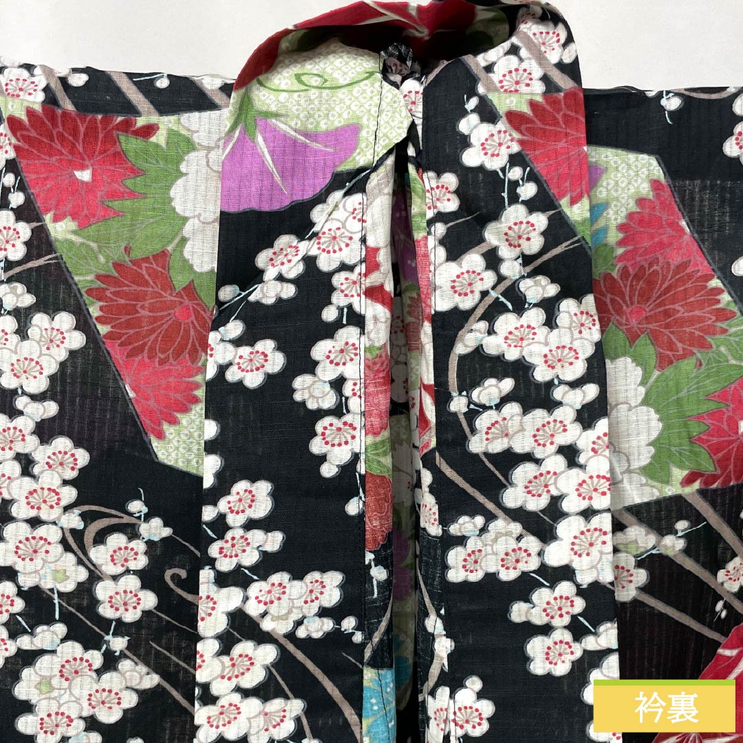 浴衣 木綿 身丈167cm 裄丈64cm Sランク 単衣 黒系 竪絽(たてろ) 総花 扇面 1118006262510