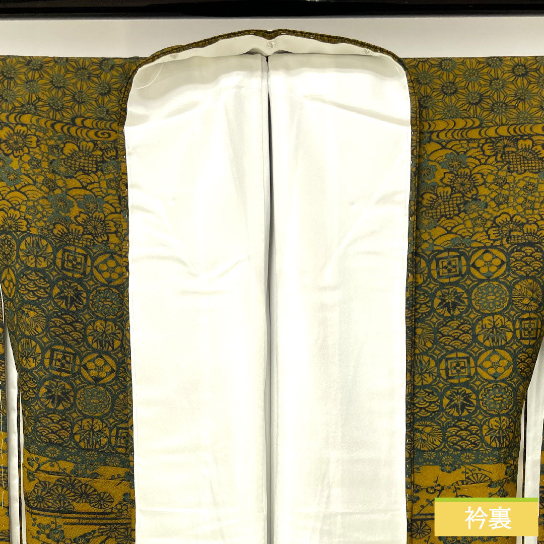 小紋 正絹 身丈161.5cm 裄丈65cm 袷 黄橡色(きつるばみいろ) 型染 吉祥文様 Sランク 黄系 1115004192423