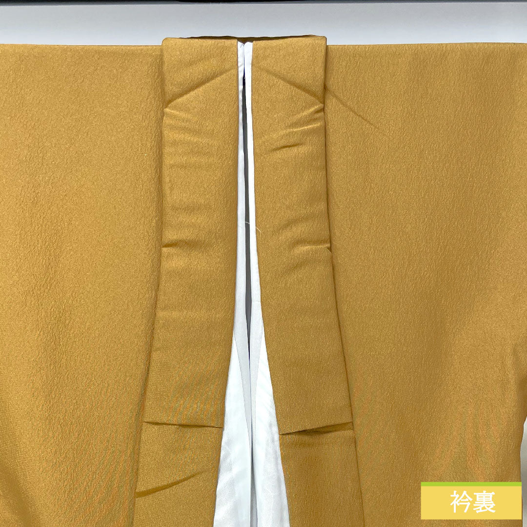色無地 ポリエステル 身丈164cm 裄丈67.5cm 黄茶色(きちゃいろ) 洗える着物 素無地 袷 Sランク 茶系 1114001322414
