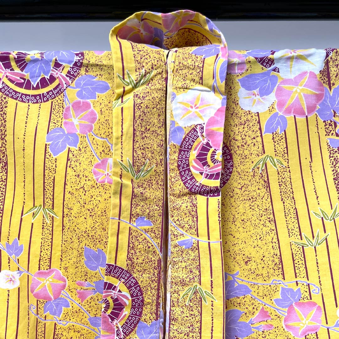 浴衣 卵色 朝顔 和傘 木綿 Sランク 単衣 身丈165cm 裄丈65cm 黄系 1118004022523