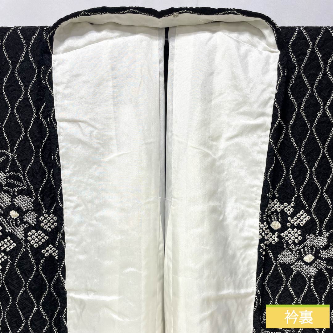 小紋 正絹 身丈158cm 裄丈63cm 袷 立涌 椿 パールトーン加工 Aランク 黒系 1115005343310