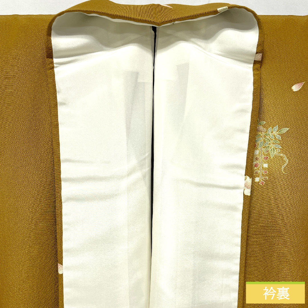 訪問着 正絹 袷 身丈156cm 裄丈66.5cm 木蘭色(もくらんじき) 桜 源氏香 パールトーン加工 Aランク 黄系 1112005433323