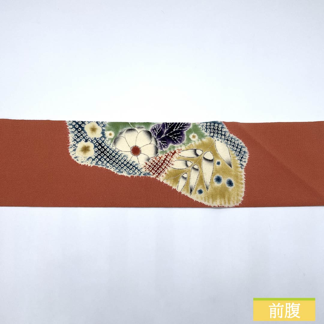 名古屋帯 珊瑚色(さんごいろ) ちりめん地 辻ヶ花 帯丈360cm 正絹 Sランク ポイント柄 カジュアル 橙系 1124008292326 名古屋仕立て