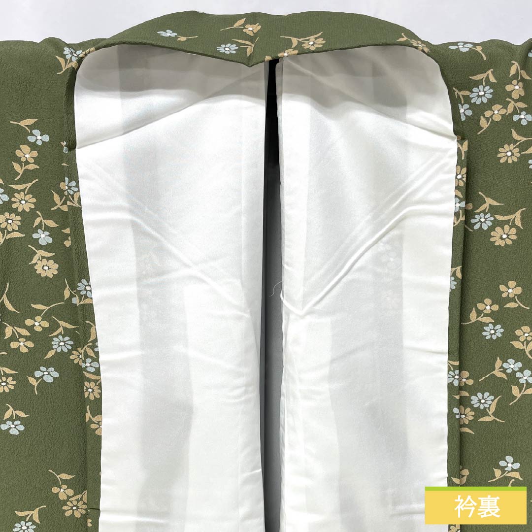 小紋 ポリエステル 身丈157cm 裄丈64cm 袷 柳煤竹色(やなぎすすたけいろ) 小花 洗える着物 Sランク 緑系 1115006242319