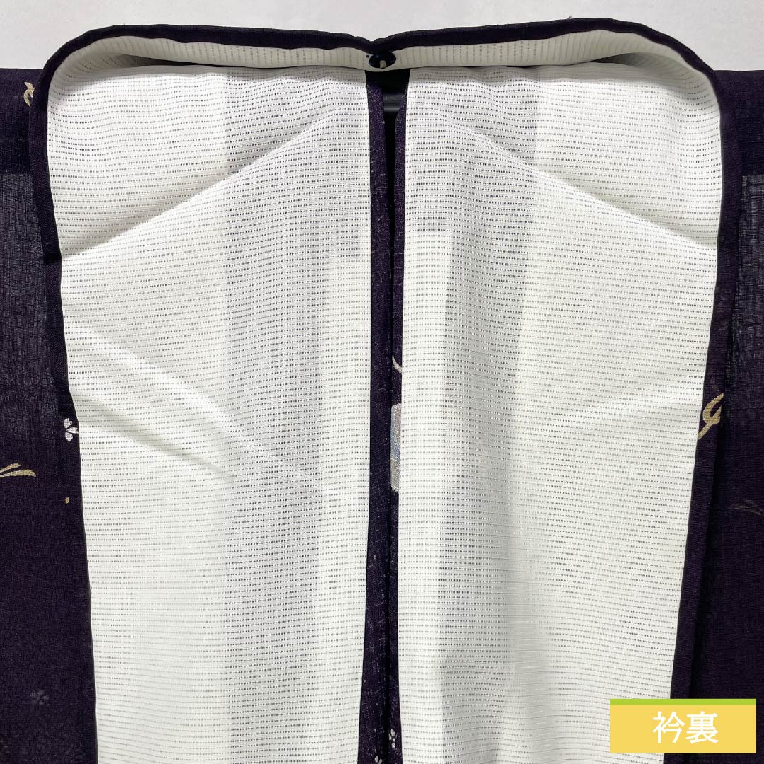 夏物 ポリエステル 小紋 身丈162cm 裄丈66cm 紫黒色(しこくしょく) 小花 鈴 洗える着物 紗 Sランク 紫系 1132002332420