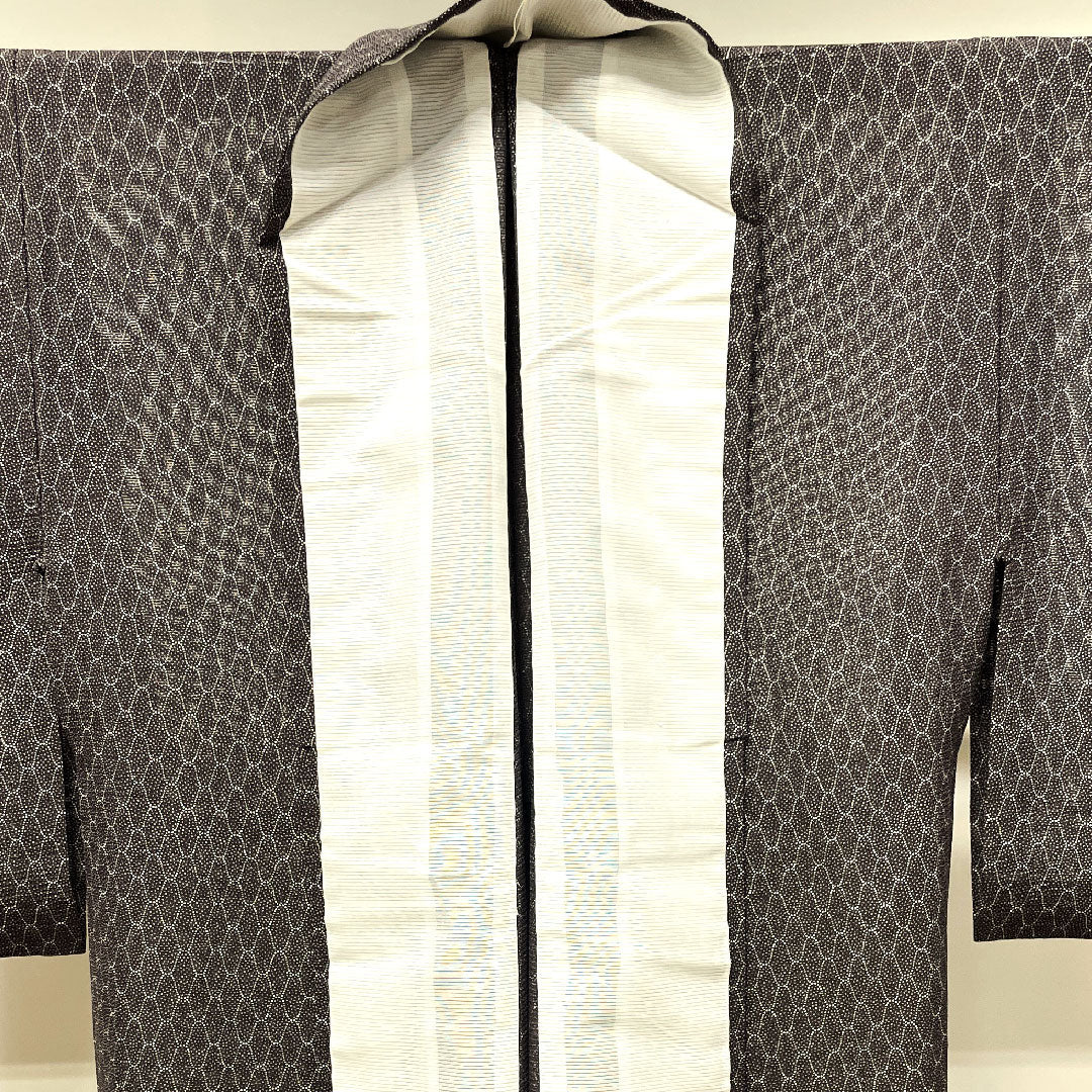 夏物 正絹 小紋 身丈160cm 裄丈63.5cm 黒鼠色(くろねずいろ) 幾何学模様 絽 Aランク 茶系 1132001673414