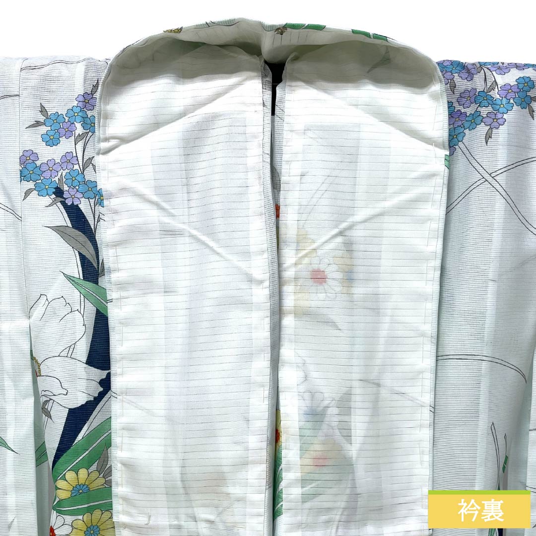 夏物 ポリエステル 小紋 Aランク 身丈151cm 裄丈64cm 青白磁色(せいはくじいろ) 洗える着物 草花模様 絽 水色系 1132006213224
