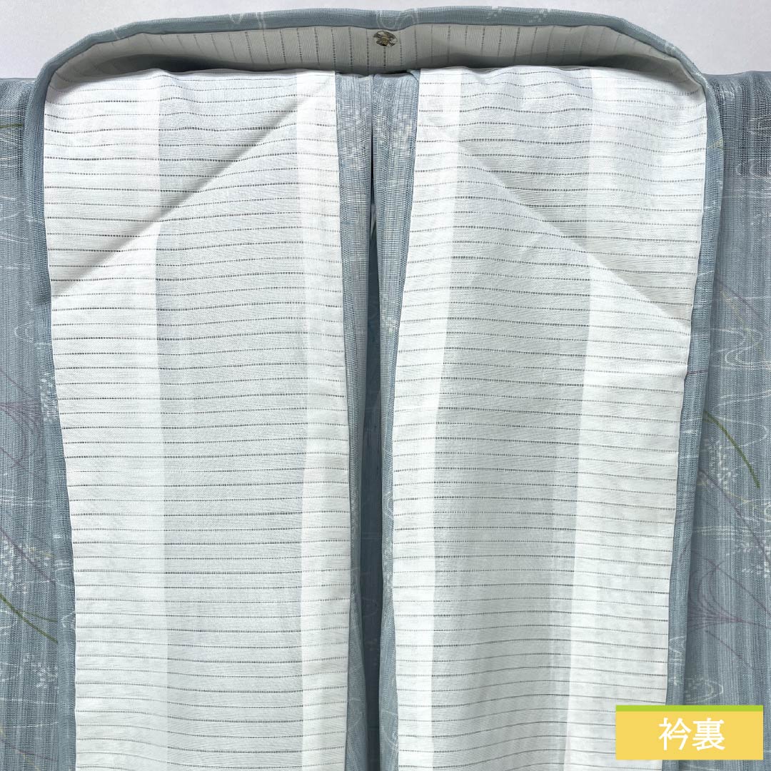 夏物 ポリエステル 小紋 身丈153cm 裄丈62.5cm 瓶覗色(かめのぞきいろ) 流水 秋草 洗える着物 紗 Aランク 水色系 1132002313224