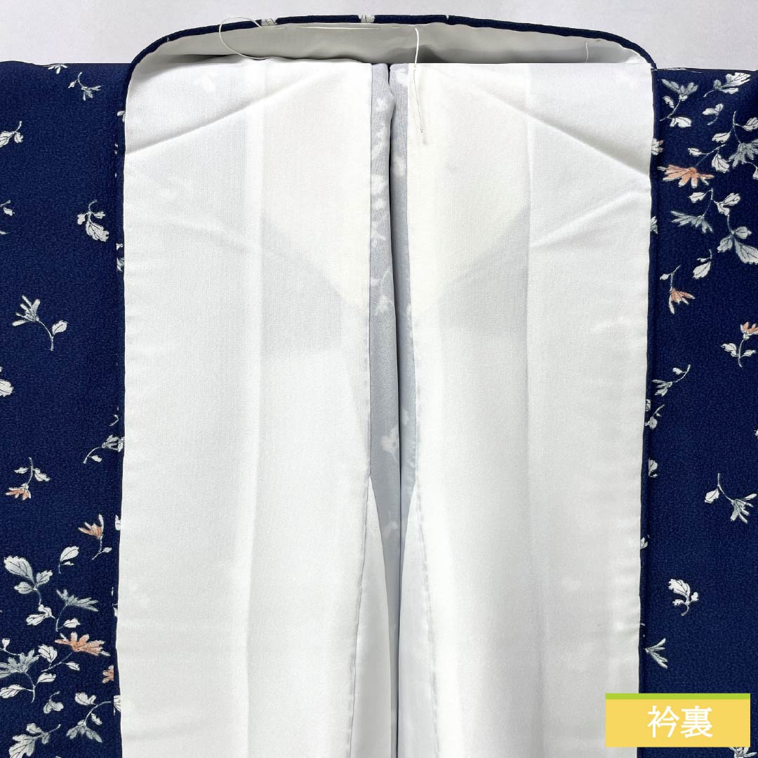 小紋 ポリエステル 身丈167cm 裄丈69cm 袷 紺色(こんいろ) 小花 洗える着物 しつけ糸付き Sランク 紺系 1115005642518