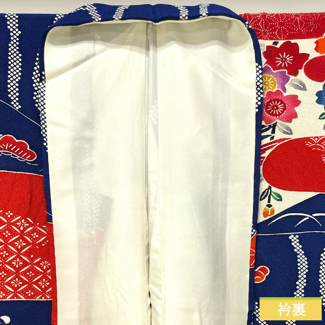 Furisode, pure silk, length 165cm, sleeve length 66cm, lined, lapis lazuli color, Kyoto Bingata, auspicious motif, A rank, navy blue, 1113002053518