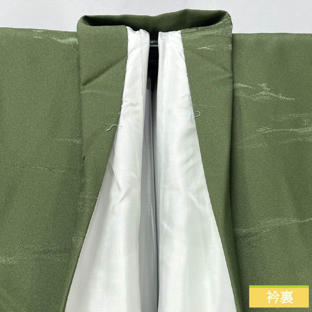 Solid-colored polyester kimono, length 163cm, sleeve length 65cm, pine needle color (matsubairo), made of brocade, washable, lined, S rank, green, product number 1114002172419