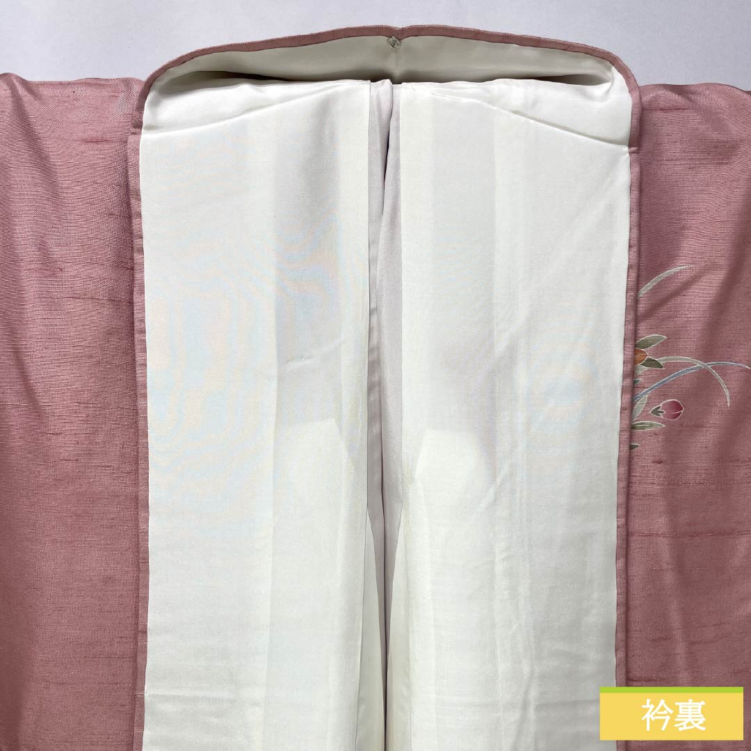 訪問着 正絹 Bランク 袷 身丈167cm 裄丈66cm 似桃色(にせももいろ) 牛首紬 京加賀友禅 付下げ 作家物 草花 ピンク系 1112007544513