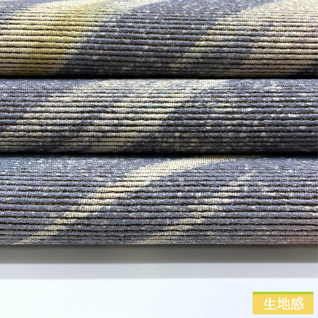 袋帯 正絹 錆鼠色(さびねずいろ) 西陣織 抽象模様 金糸入り 帯丈442cm Sランク 六通 セミフォーマル 青系 1123012692317