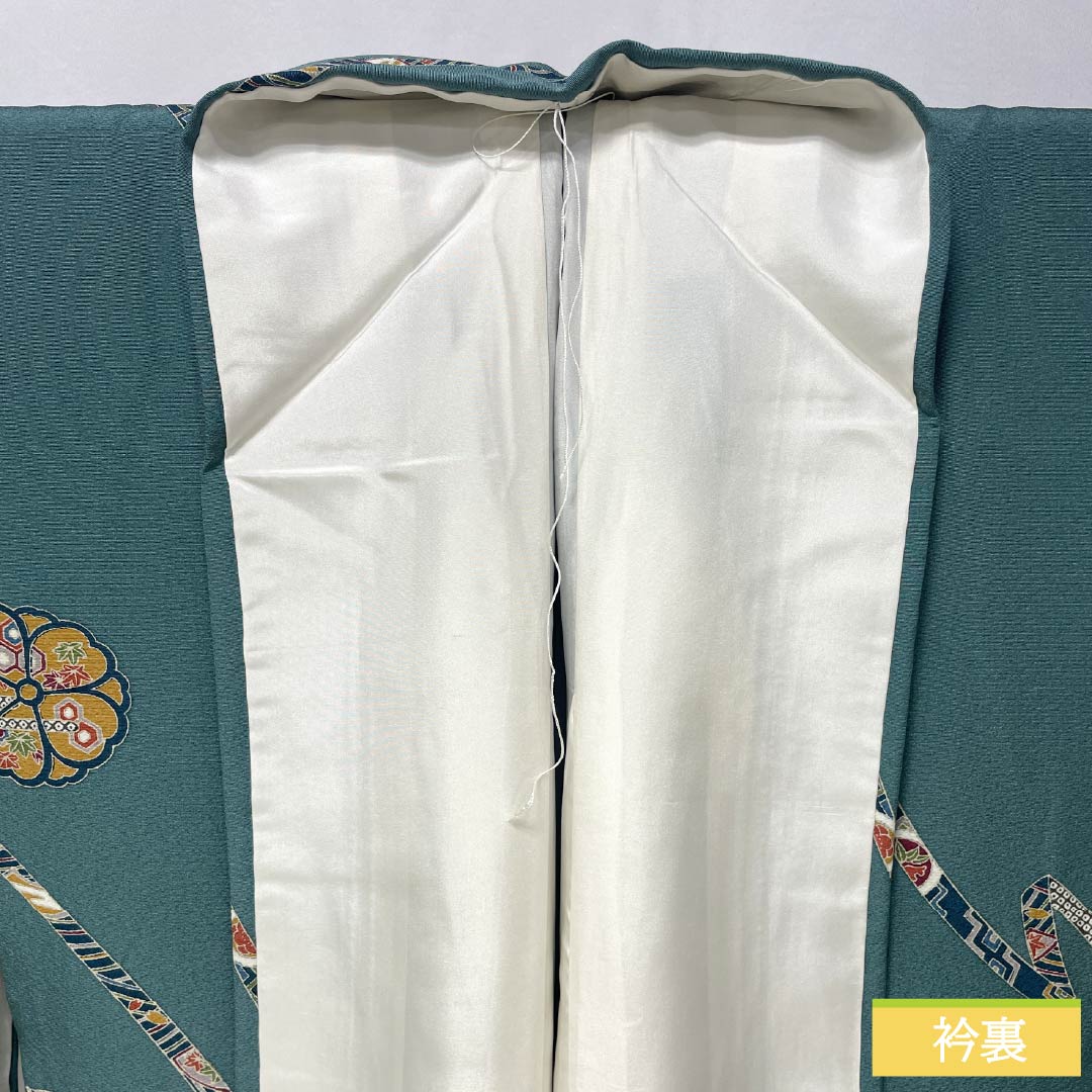 小紋 正絹 身丈152.5cm 裄丈64.5cm 袷 山藍摺色(やまあいずりいろ) 型染 熨斗 花柄 スコッチガード Bランク 緑系 1115005484219