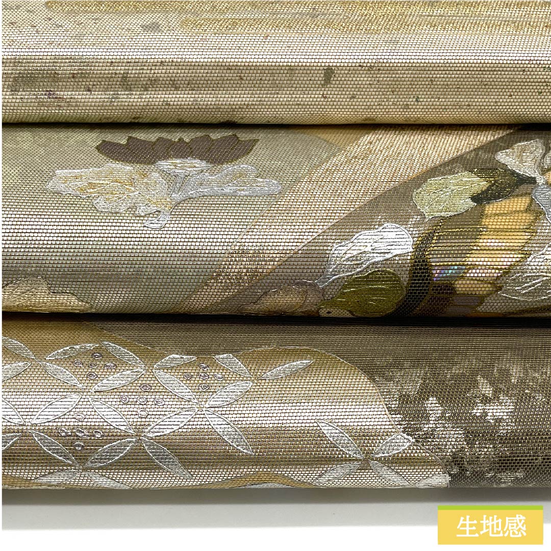 袋帯 正絹 牙黄色(げおういろ) 於利部寿名宝 慶匠金彩螺鈿 意匠箔金彩螺鈿 作家物 帯丈440cm Sランク 六通 フォーマル ベージュ系 1123011682325