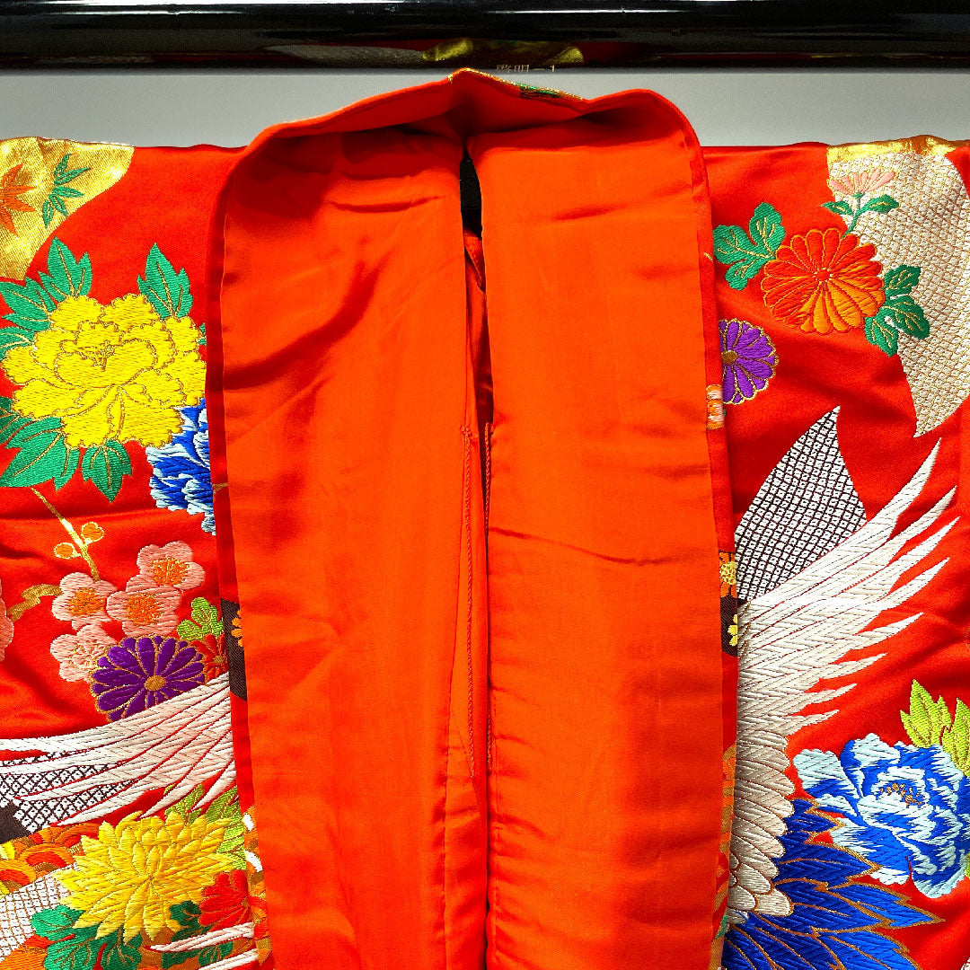 色打掛 身丈193cm 緋色 唐織 熨斗 鶴 正絹 Aランク 袷 朱系 1110000273916