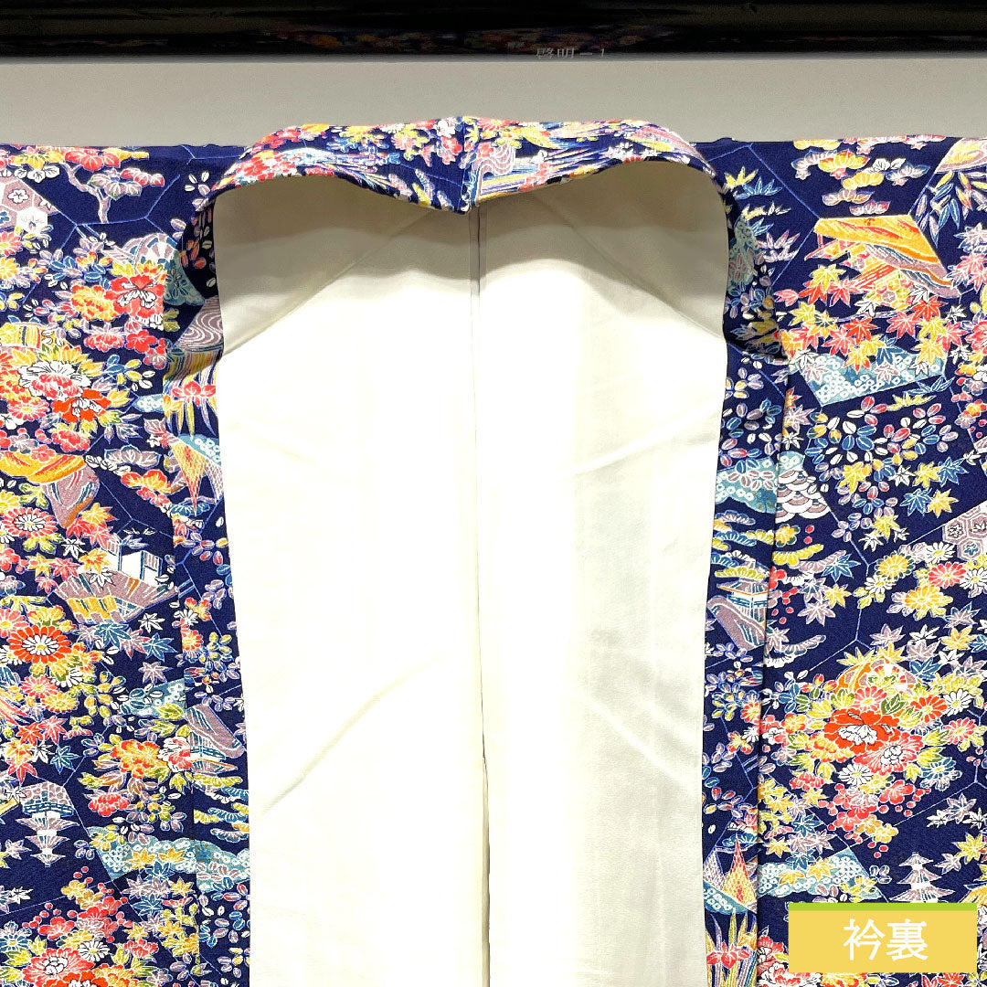 小紋 正絹 身丈157cm 裄丈64cm 袷 紺桔梗色 草花模様 茶屋辻 Sランク 紺系 1115003632318