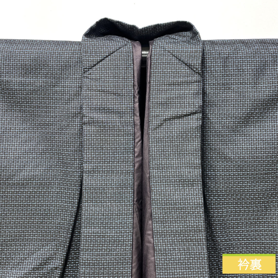 Men's silk S-rank kimono, length 144cm, sleeve length 67cm, Oshima Tsumugi with double-patterned horizontal kasuri pattern, basting threads included, lined, navy blue, product number 1119001762418