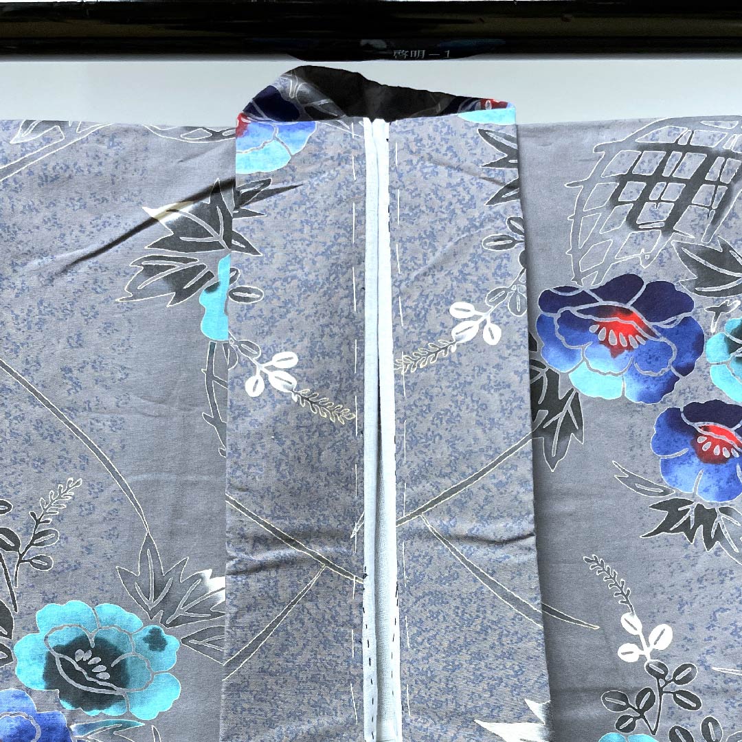 浴衣 鼠志野色 牡丹 萩 木綿 Sランク 単衣 身丈157.5cm 裄丈64.5cm グレー系 1118004082322