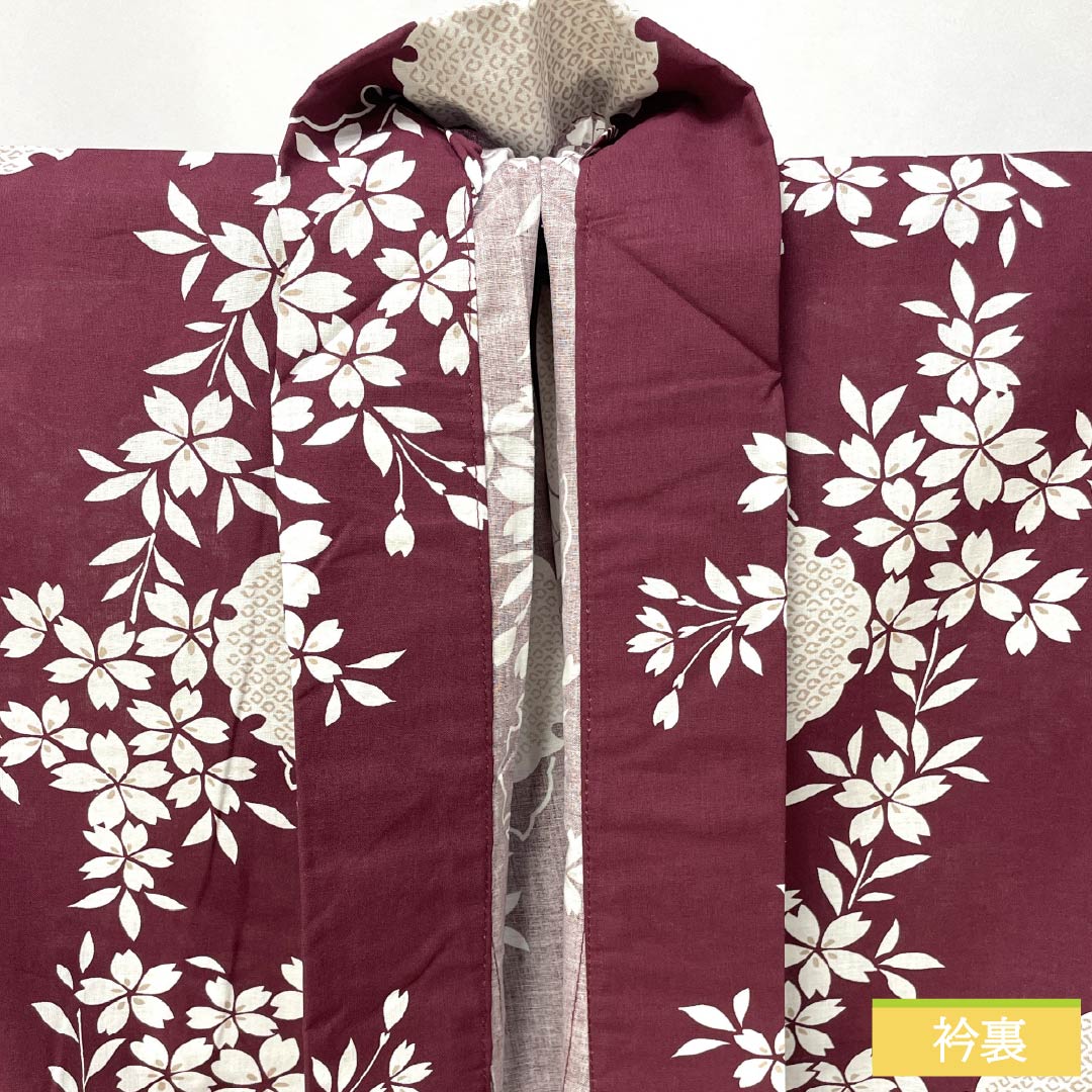 Cotton Yukata, Length 166cm, Sleeve Length 65cm, S Rank, Single Layer, Purple-Reddish Purple (Akamurasaki Iro), Snow Circle and Cherry Blossom Design, Product Number: 1118006302520