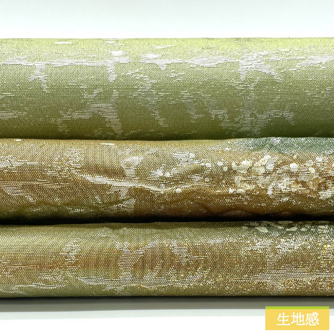 袋帯 正絹 裏柳色(うらやなぎいろ) ふくれ織 宇治茶の葉染め 抽象模様 帯丈450cm Sランク ポイント柄 セミフォーマル 緑系 1123015012419