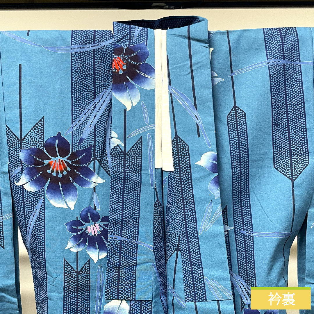 Yukata Cotton Length 162.5cm Sleeve length 65.5cm S rank Single layer Blue Mashana color Arrow feather Abstract flower 1118004822417